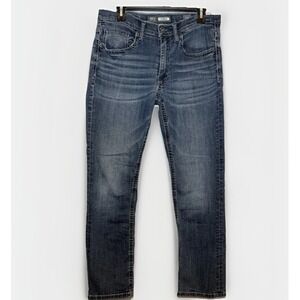 BKE Buckle Jake Jeans Mens 32S Blue Denim Whiskered Cotton Stretch Bootcut Work